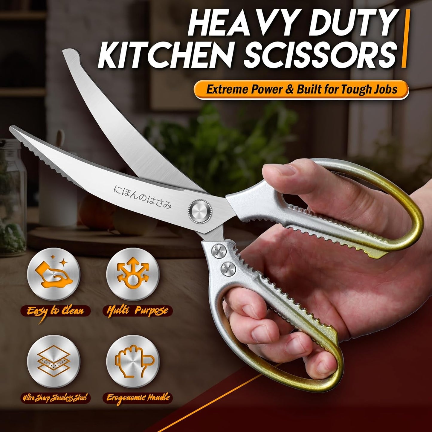 TIJERAS Kitchen Scissors Set Gold - Stainless Steel Kitchen Shear, Sharp Meat Scissors Dishwasher Safe, Heavy Duty Poultry Shears, Japanese Cooking Scissor for Food, Chicken Bones, and Turkey