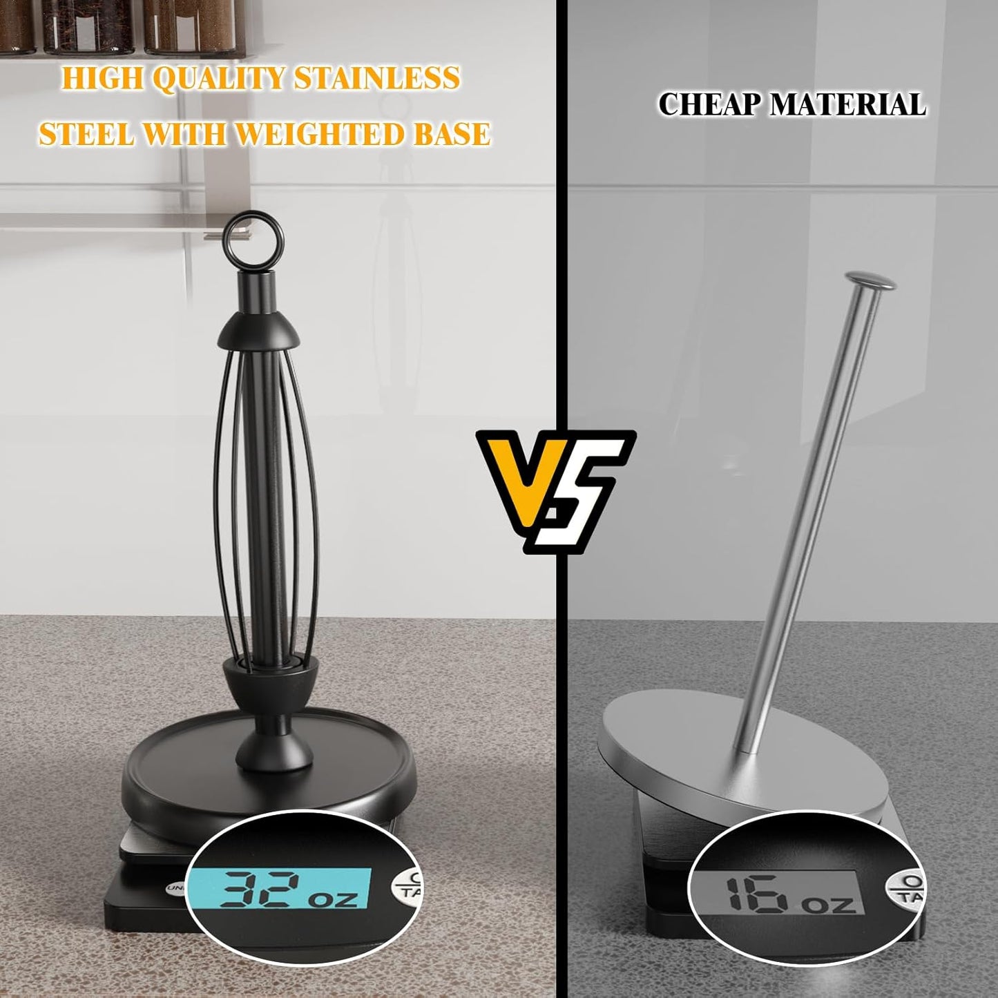 Black Paper Towel Holder Countertop, One-Handed Tear, Stainless Steel, Weighted Base, Ring Paper Towel Holder Stand with Ratchet System for Kitchen Farmhouse Essentials Decor