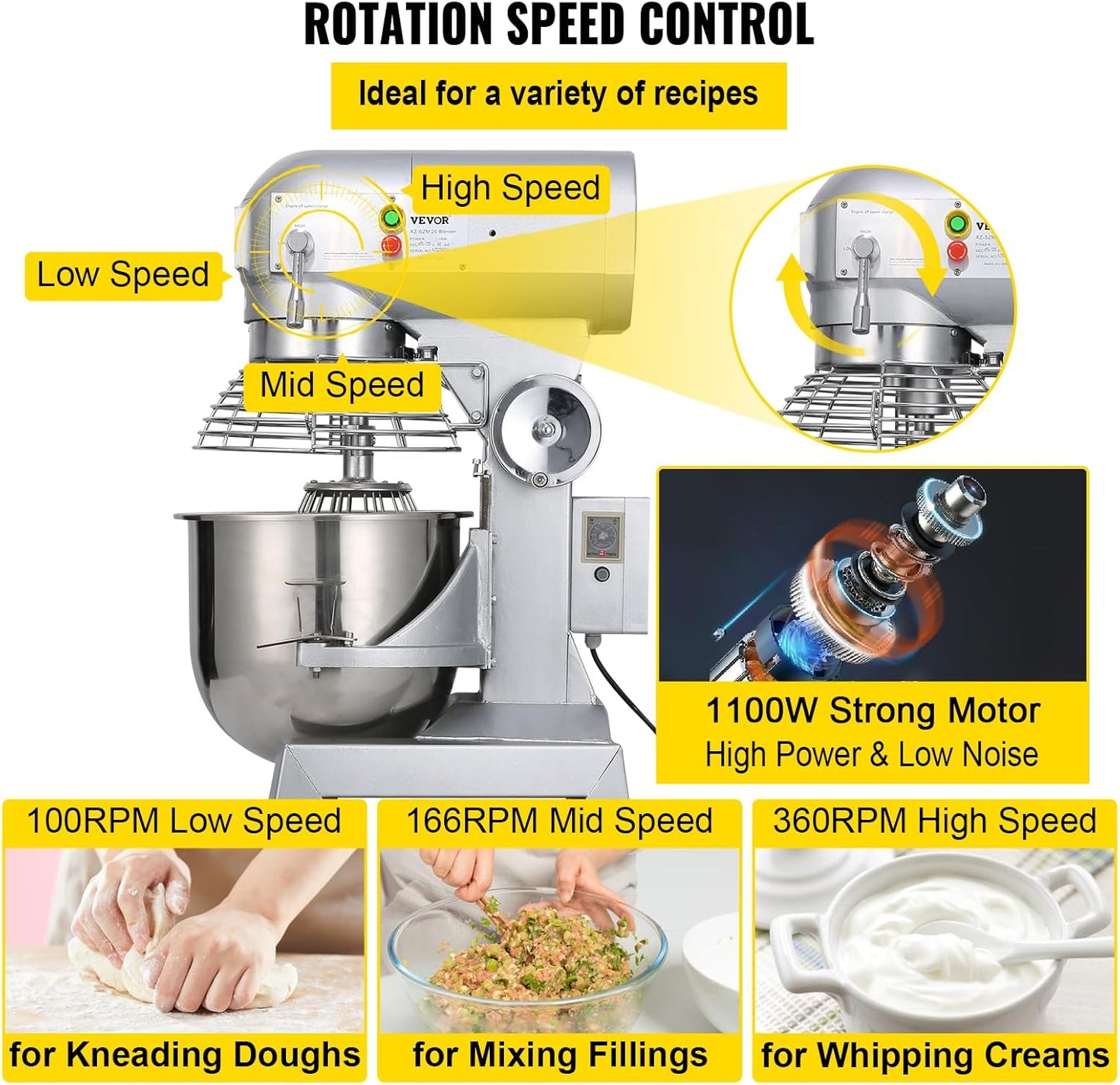 Happybuy 20Qt Commercial Food Mixer with Timing Function， Commercial Mixer 1100W Stainless Steel Bowl Heavy Duty Electric Food Mixer Commercial with 3 Speeds Adjustable, Perfect for Bakery Pizzeria