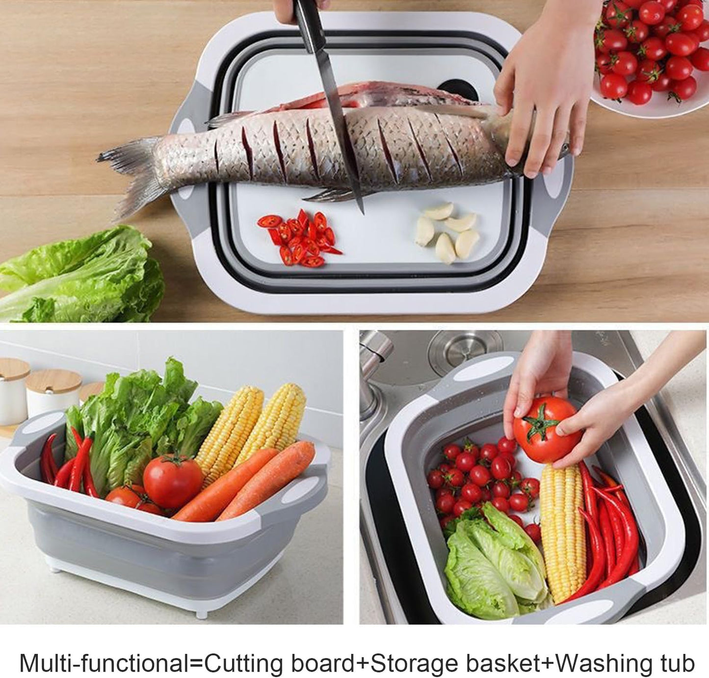 Camping Collapsible Cutting Board Dish Basin BBQ Prep Tub Camp Sink Dish Washing Station Multifunctional Storage Basket(Grey white)