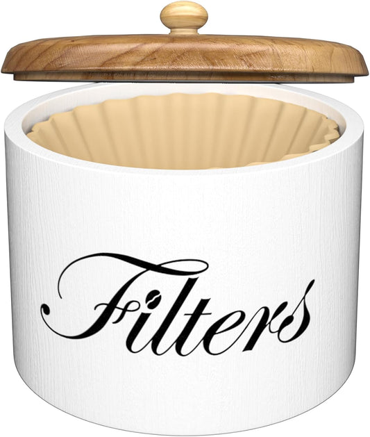 Coffee Filter Holder, Wooden Coffee Filter Storage with Lid, Round Coffee Filter Container for Counter, Rustic Farmhouse Coffee Bar Accessories Decor (White)