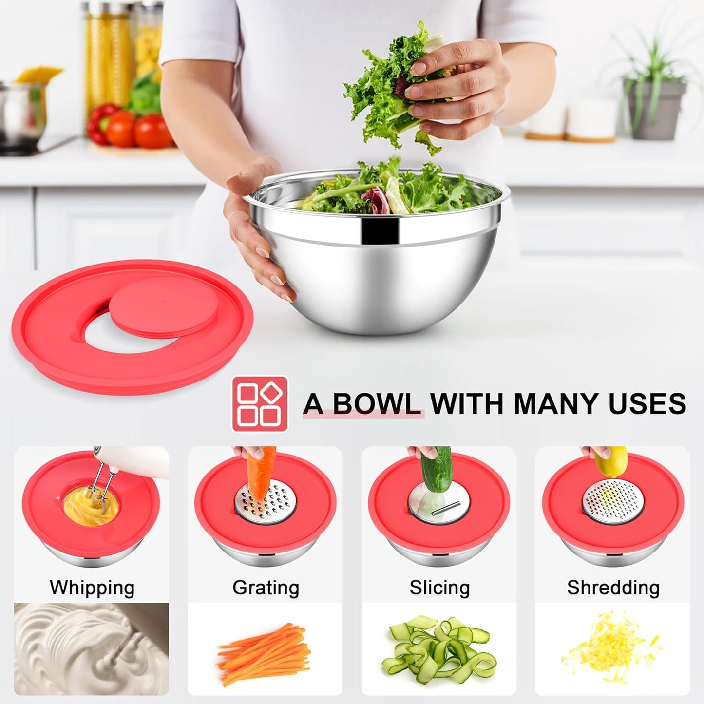 E-far Mixing Bowls with Lids Set, 7-Piece Stainless Steel Mixing Salad Bowls with 3 Grater Attachments, Size 4.6, 3.5, 2.6, 2, 1.5, 1, 0.7QT, Nesting Design & Red Airtight Lids, For Baking/Cooking