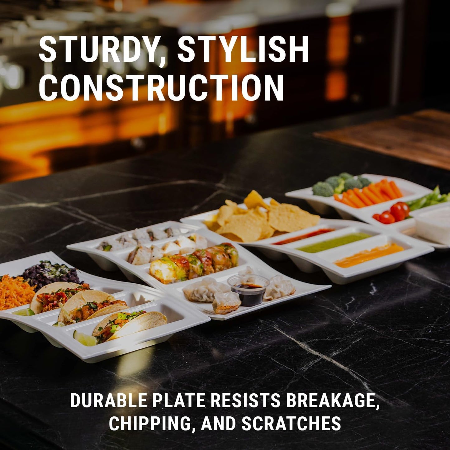 Stackable Taco Serving Plate with Dividers, Stylish China Taco Holder with 3 Slots & 1 Flat Section, Durable, Scratch-Resistant Dinner Dish for Tacos, Sushi, Appetizer, & More, Set of 2