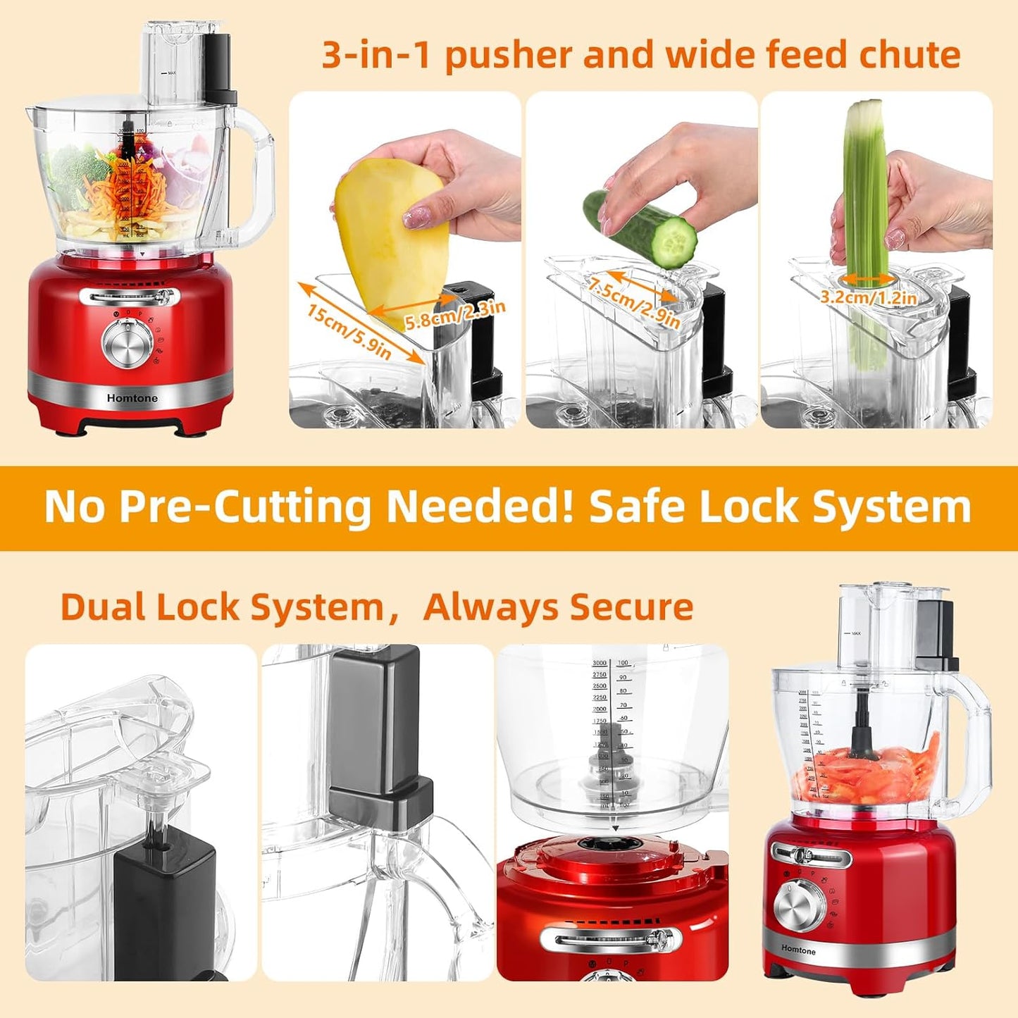 Homtone 16 Cup Food Processor, 6 Preset Modes& Stepless Speed Control for Dough Kneading, Meat Chopping, Slicing, Shredding, French Fries Potato Cuting, Cheese Grating& Whipping Cream, 650W, Red