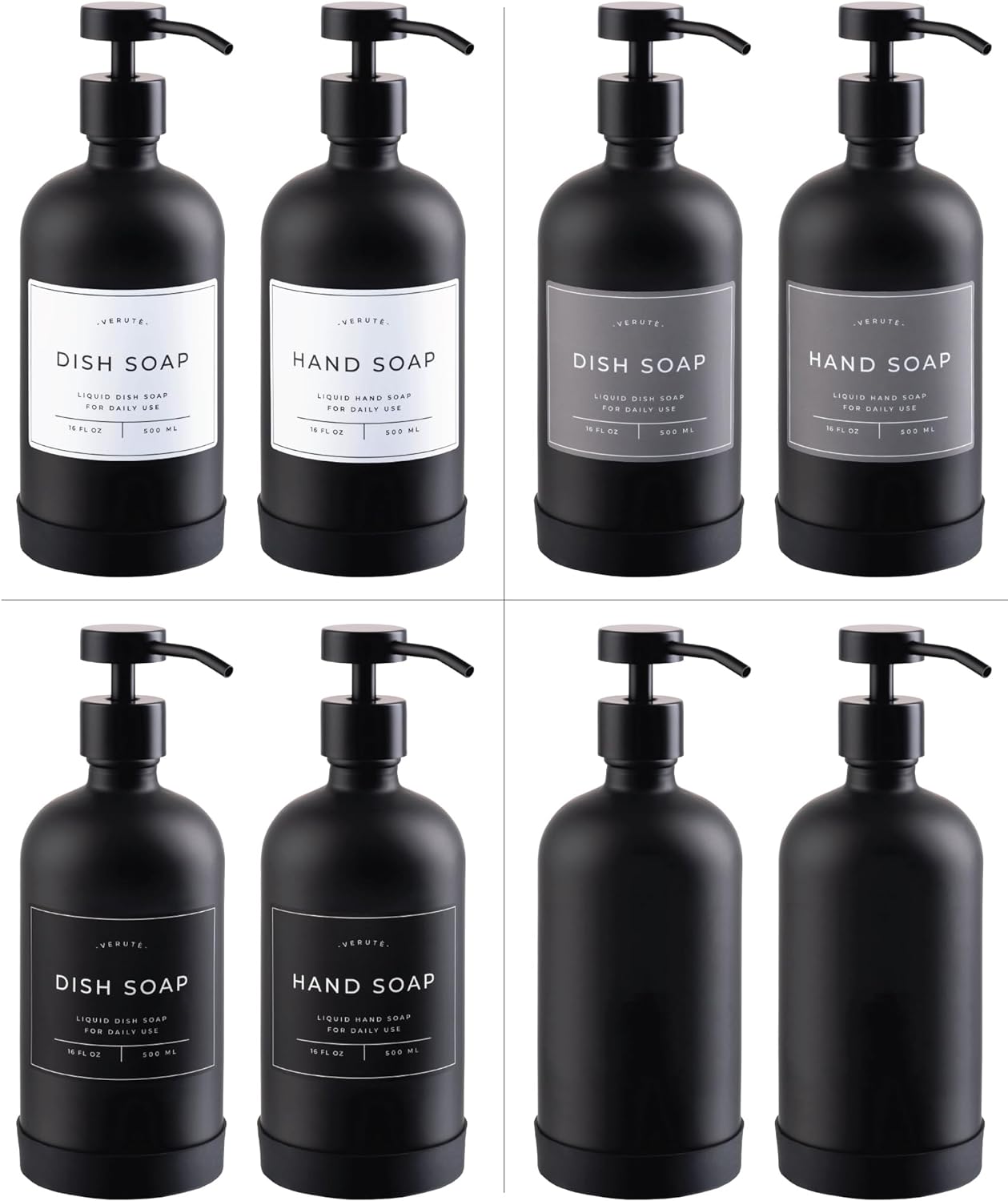 16oz Glass Soap Dispenser with Stainless Steel Pump, 21 Waterproof Labels, Non-Slip Protective Silicone Pad, Set of 2 for Bathroom & Kitchen (Matte Black Bottle/Black Pump)