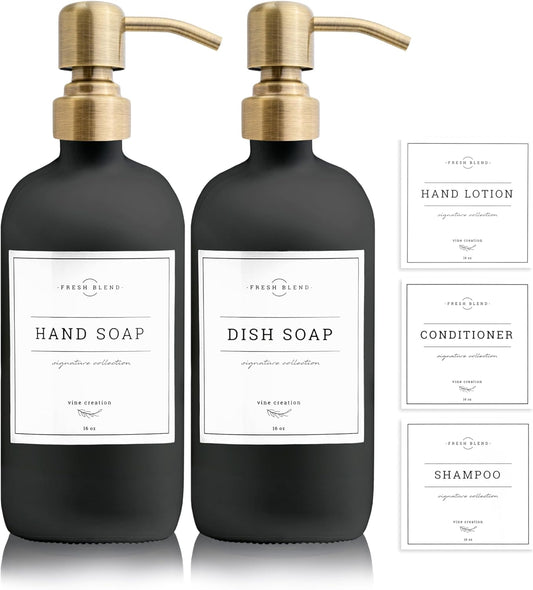 Vine Creations Black Glass Soap Dispenser, 2 Pack Kitchen Soap Dispenser Set with Stainless Steel Pump, 16 oz Dish Soap and Hand Soap Dispensers for Bathroom with Waterproof Labels