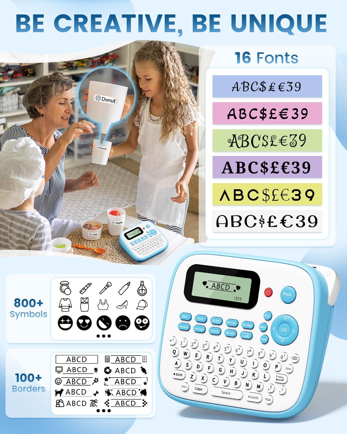 Label Maker Machine with Tapes, Label Maker Waterproof-Labels, Portable Label Makers Bundle 4 Label Tapes Included 12mm 0.47 Laminated White, D210S Handheld Labeling Machine for Home Office School