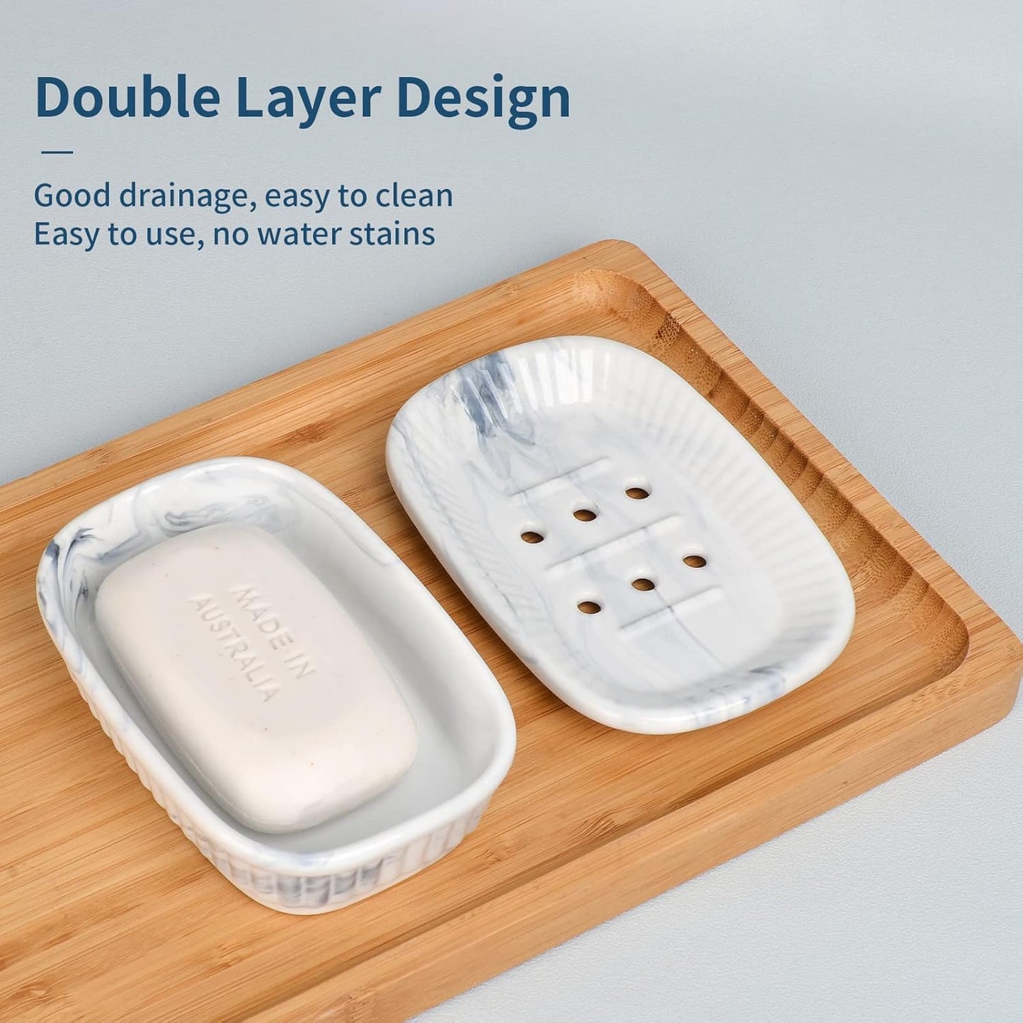 Ceramic Soap Dish, Self-draining Soap Holder, Double Layer Bar Soap Holder Marble Blue, Draining Soap Dishes for Bathroom Shower Kitchen, Easy to Clean, Keep Soap Dry, ANTIS'S HOME