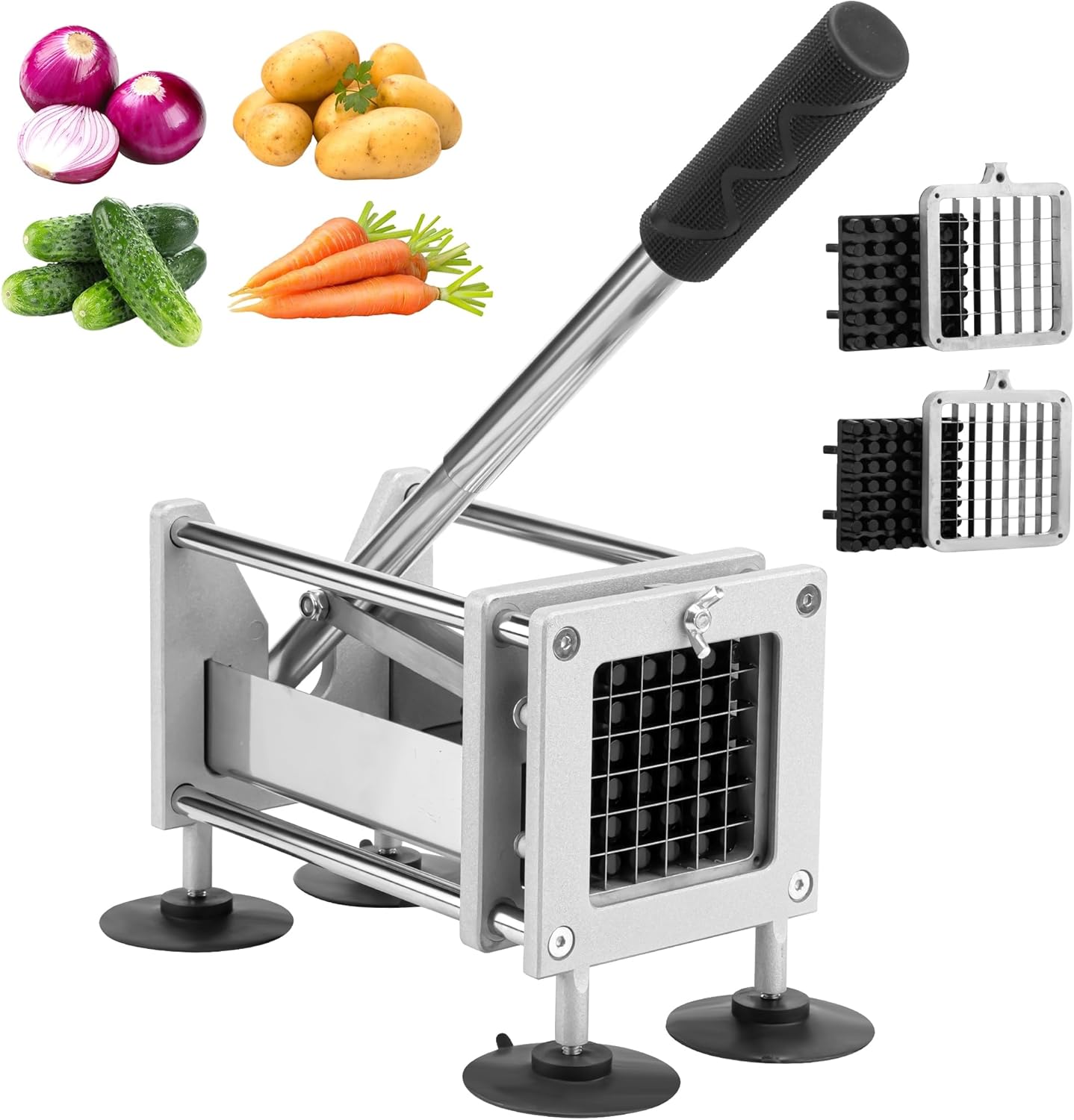 French Fry Cutter Professional Stainless Steel Potato Cutter with 1/2 Inch and 3/8 Inch Blades Commercial French Fries Slicer for Potatoes Carrots Cucumbers