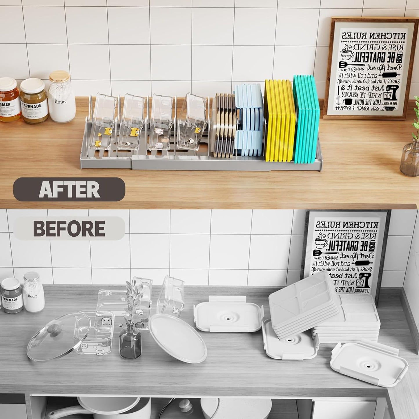 2 Pack Expandable Food Storage Container Lid Organizers, 22" Pots and Pans Organizer Under Cabinet with 9 Adjustable Dividers Pot and Pan Lid Holders Rack Inside Cabinet(Gray)