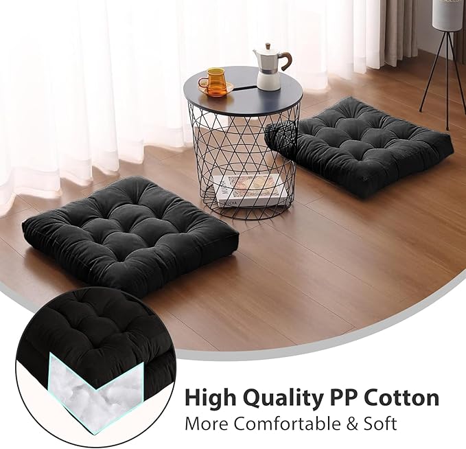 Tiita Square Floor Pillow, Thicken Tufted Seat Cushion, Floor Cushion for Yoga Meditation Living Room Balcony Office Outdoor, Set of 2, 22x22 Inch, Black