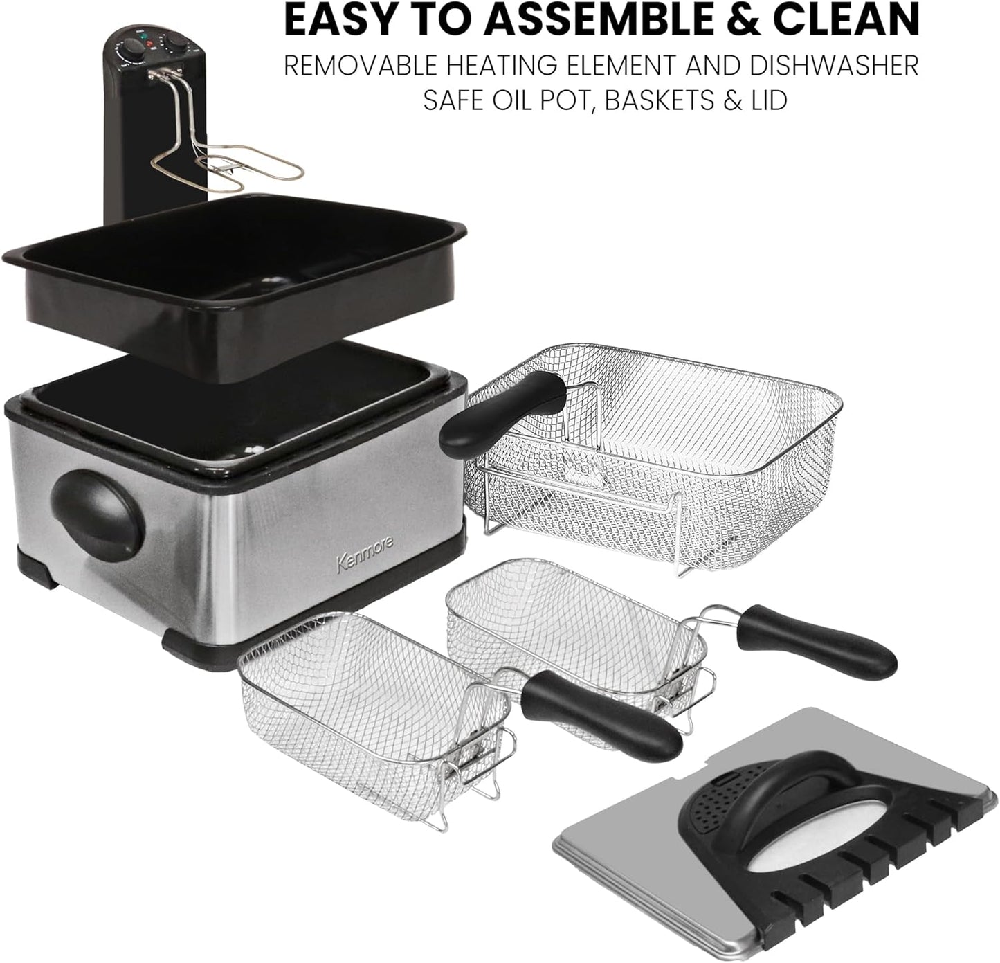 Kenmore Electric Deep Fryer - Grease & Odor Filtration, Simple Temperature Control, Eléctrica Freidoras For Home Use, 3 Baskets For Frying French Fries, Chicken Wing, 4 Liter Capacity Stainless Steel