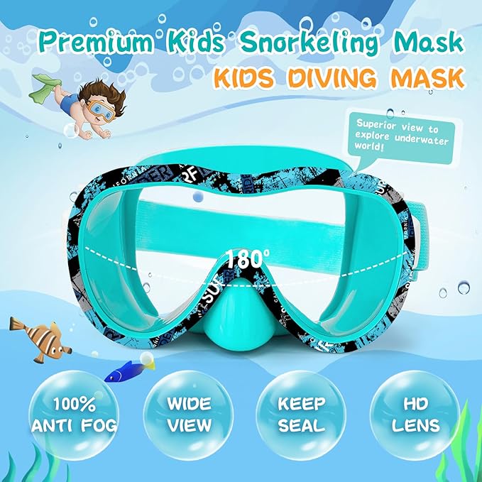 Kids Swim Goggles with Nose Cover, 180° Panoramic Snorkel Mask with Anti-Fog & Anti-Leak Design, Comfort Fabric Strap UV Protection Lens for Boys Girls Ages 3-15