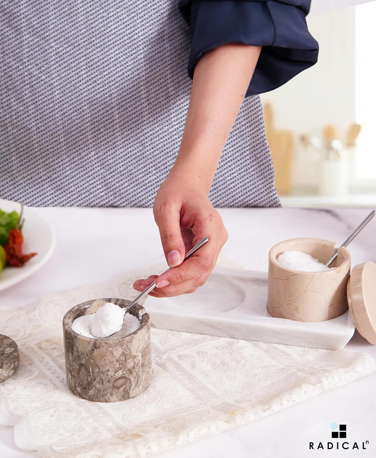 Radicaln Marble Salt Cellar With Lid and Tray 3" Inches Oceanic and Verona Handmade Salt Bowl Set of 2 For Kitchen Storage, Ideal Spice Jar