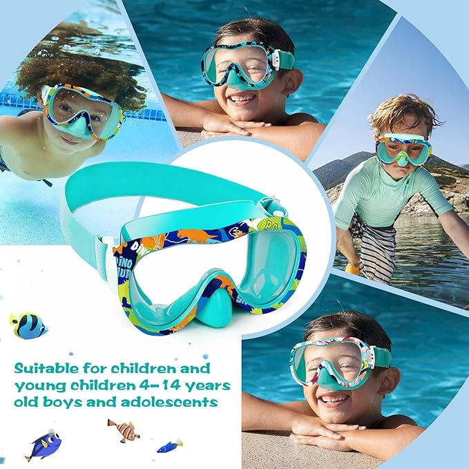 Kids Swim Goggles with Nose Cover, 180° Panoramic Snorkel Mask with Anti-Fog & Anti-Leak Design, Comfort Fabric Strap UV Protection Lens for Boys Girls Ages 3-15