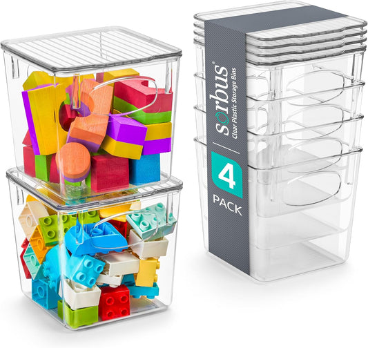 Sorbus Small Clear Plastic Storage Bins with Lids, Clear Stackable Storage Bins, Clear Toy Storage Bins, Clothes, Medicine, Makeup, Closet, Art Supply, Bathroom, Shoe, Toy Storage Organizer (4 Pack)