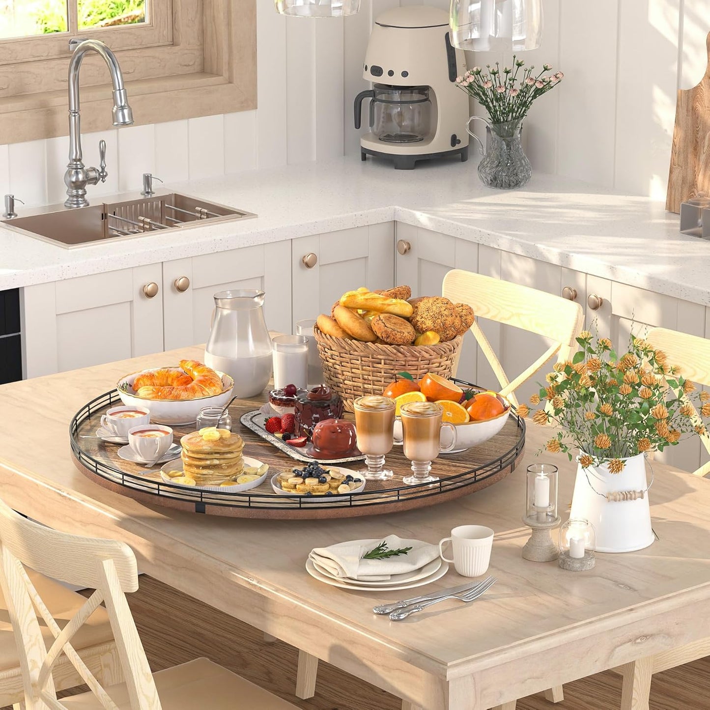 Acacia Wood 24" Lazy Susan Turntable Organizer for Table Top, Farmhouse Extra Large Round Lazy Susan for Serving Kitchen Countertop Cabinet for Charcuterie Centerpiece, Bathroom Vanity Tray Decor