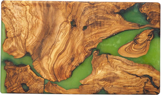 Handmade Epoxy Cutting Board & Charcuterie Board - Decorative, Olive Wood Boards for Serving Cheese, Fruit, Meat - Ideal for Kitchen, Unique Housewarming Gift- Green Resin