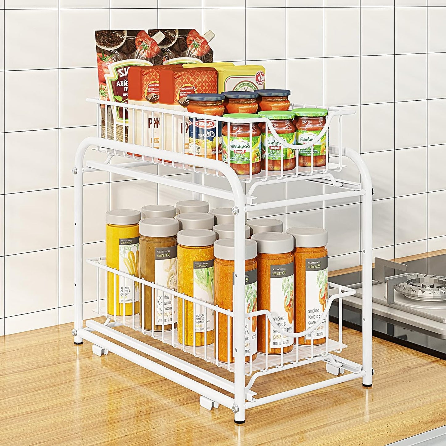 AIYAKA 2 Tier Stackable Sliding Basket Organizer Drawer For Kitchen And Bathroom/Cabinet Drawers,White