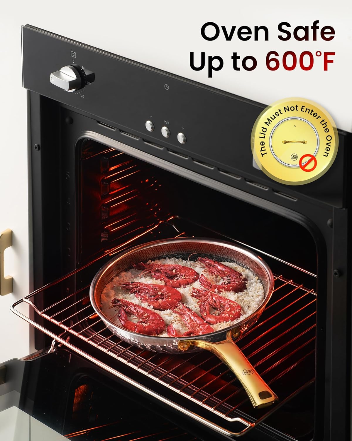 Gold Pots and Pans Set, Hybrid Hammered Stainless Steel, 10PC Nonstick Kitchen Cookware Sets w/Frying pan, Non Toxic, Oven Safe & Compatible with All Stovetops