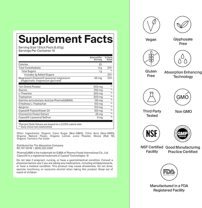Sleep Aid Powder - Calming Drink for Deep Sleep with Liposomal Saffron, Magnesium & PharmaGABA Melatonin-Free Natural Supplement to Reduce Stress and Improve Sleep Quality Chamomile Lemonade 28 Sticks