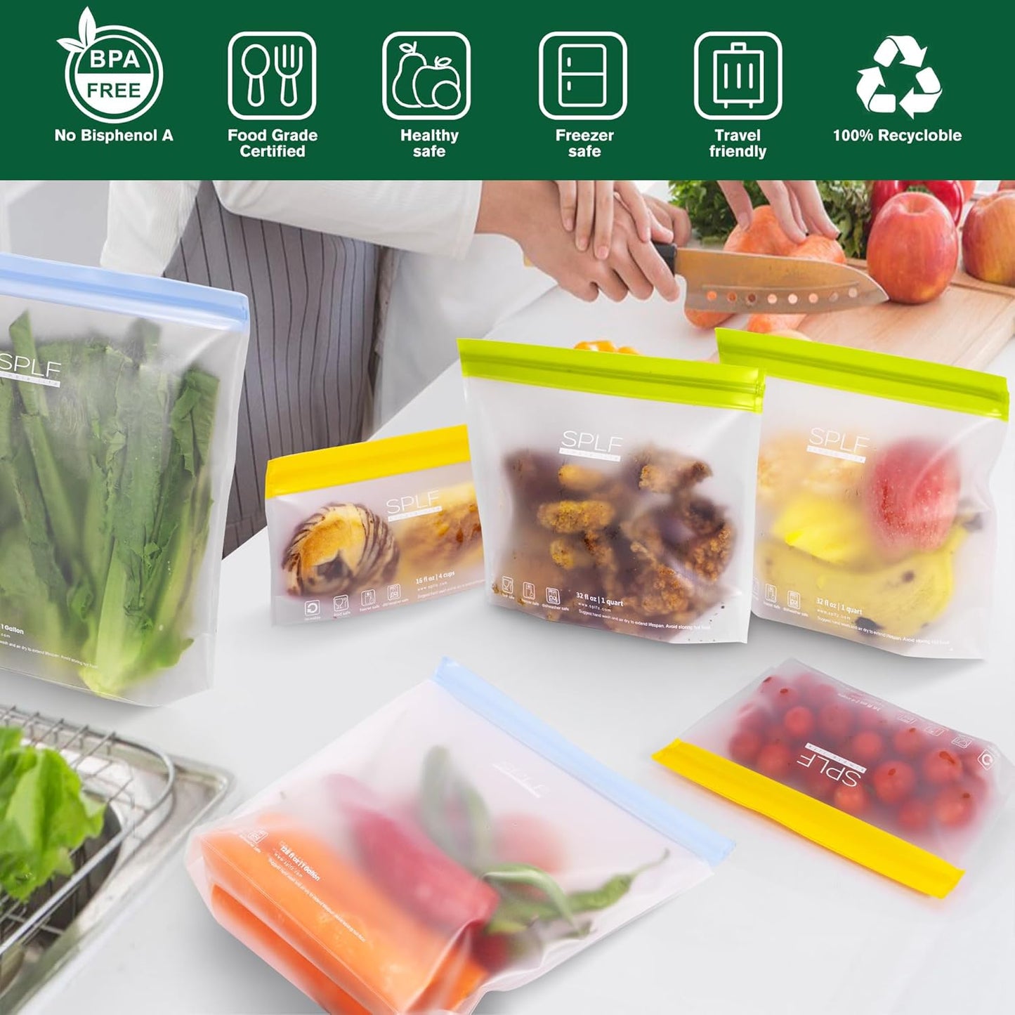 SPLF 6 Pack Stand-Up Reusable Gallon Freezer Bags Dishwasher Safe, Extra Thick 1 Gallon Leakproof Food Storage Bags, BPA and Silicone Free Freezer Bags for Meal Prep, Bread, Veggies, Home Organization