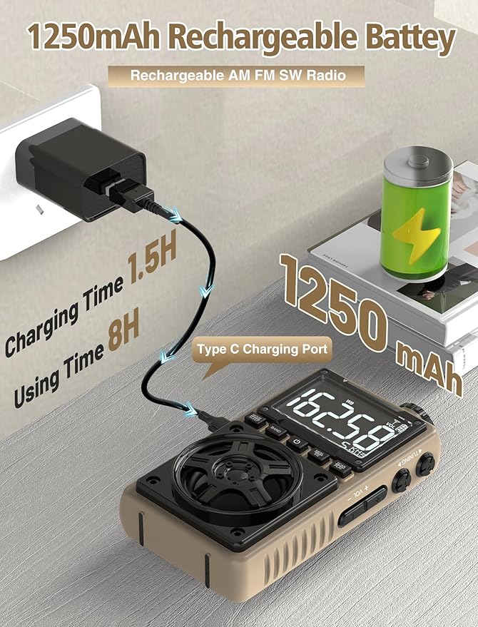 Bluetooth AM FM Shortwave Radio with NOAA Weather Alert,1250mAh Rechargeable Portable Pocket Radio with Best Reception,5W Big Speaker, Digital Tuner and Earphone,Support SD Card and USB Player（Brown）