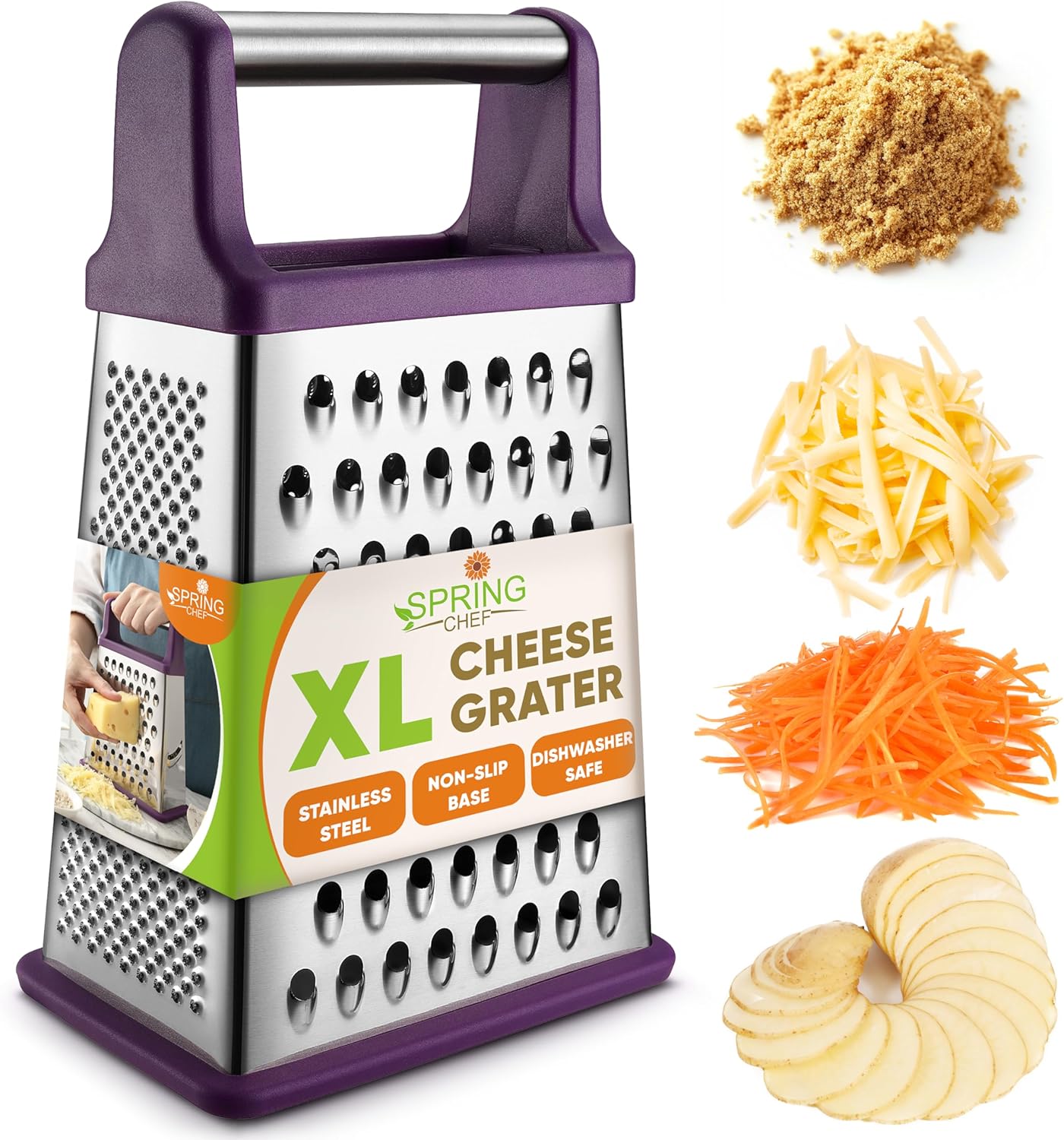 Spring Chef Purple Professional Stainless Steel XL Parmesan Cheese Grater with Handle - Manual Box Grater for Kitchen, 4 Sides, Dishwasher Safe Food Shredder for Vegetable, Potato, Hard Cheese, Carrot