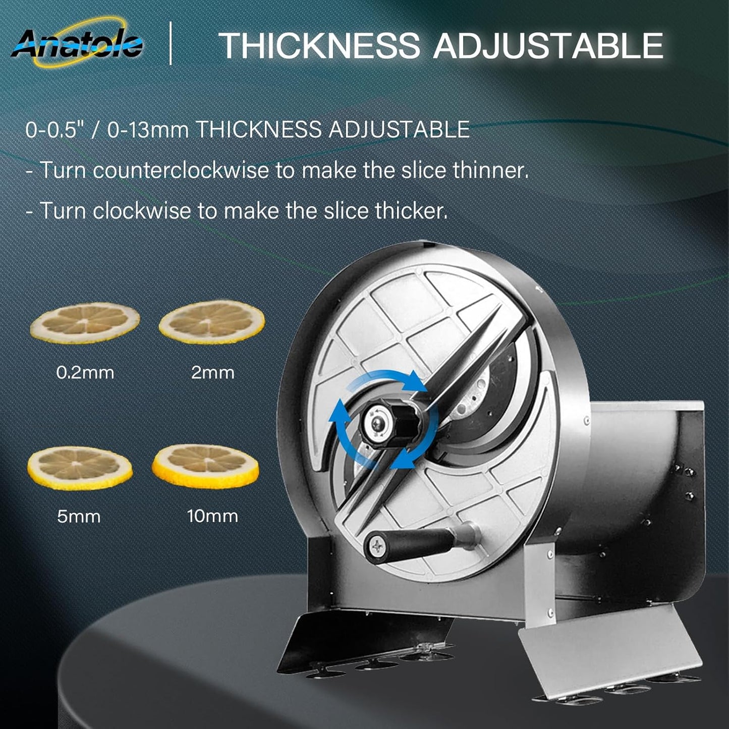 Anatole Commercial Vegetable Slicer Stainless Steel for Tomato Onion Potato Lime 0-0.5'' Thickness Adjustable Manual Fruit Cutter with 6 Suction Cups