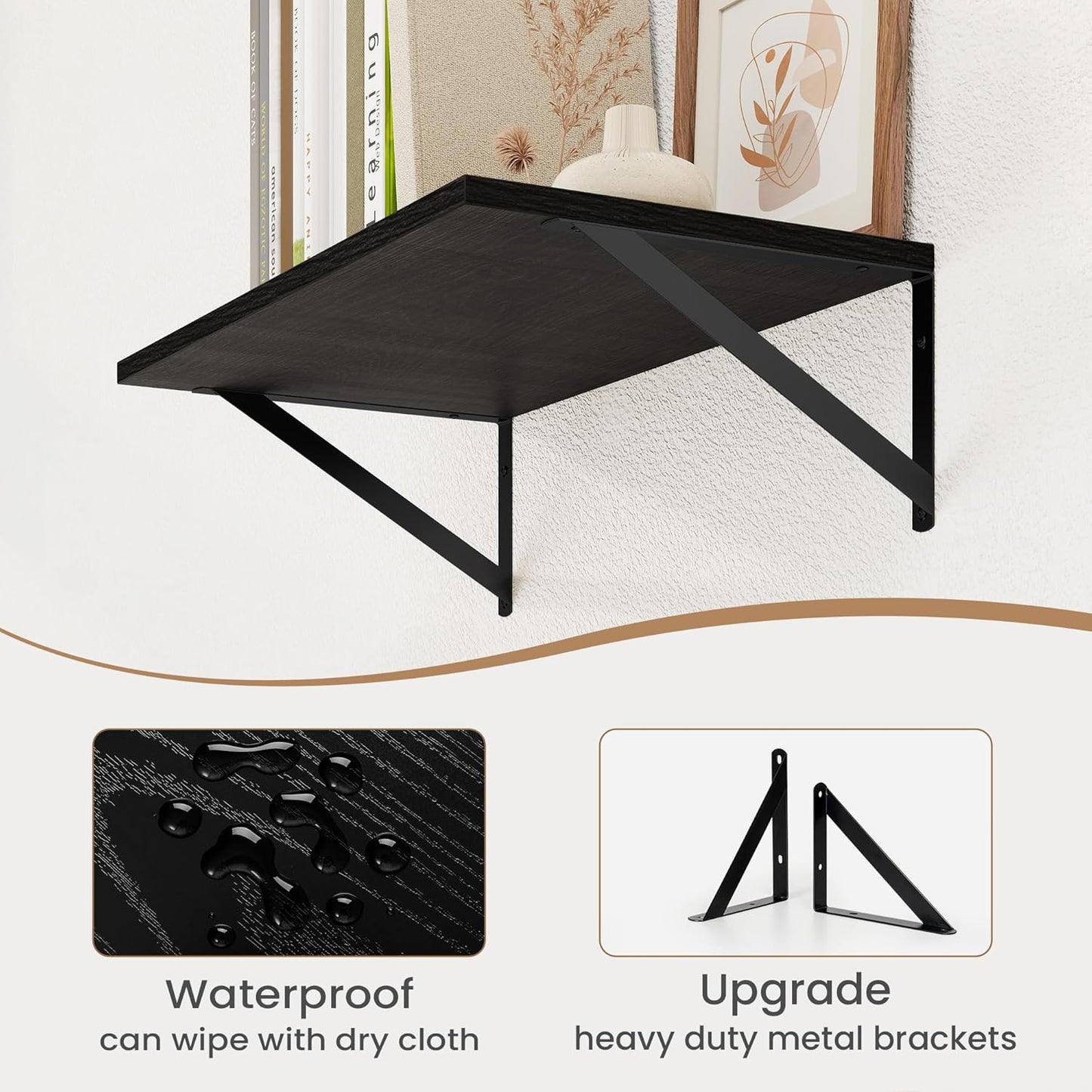 Heimlove Black Deep Floating Shelves for Wall, 16W x 8D Wood Wall Shelves Set of 2, Wide Floating Bookshelf for Living Room, Kitchen, Office, Bedroom and Decor Storage, with Metal Bracket - Black