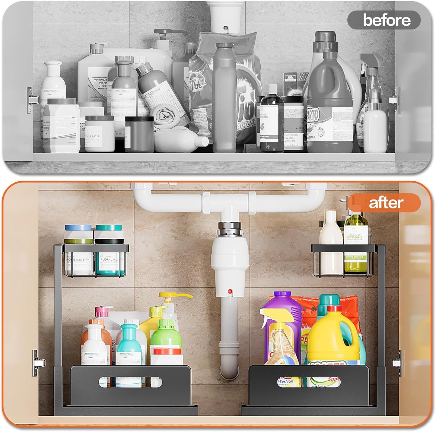 VUSIGN Under Sink Organizer, 2 Tier Pull Out Bathroom Cabinet Organizer, Under Kitchen Sink Organizers and Storage, Under Sink Shelf,2 Pack, Black