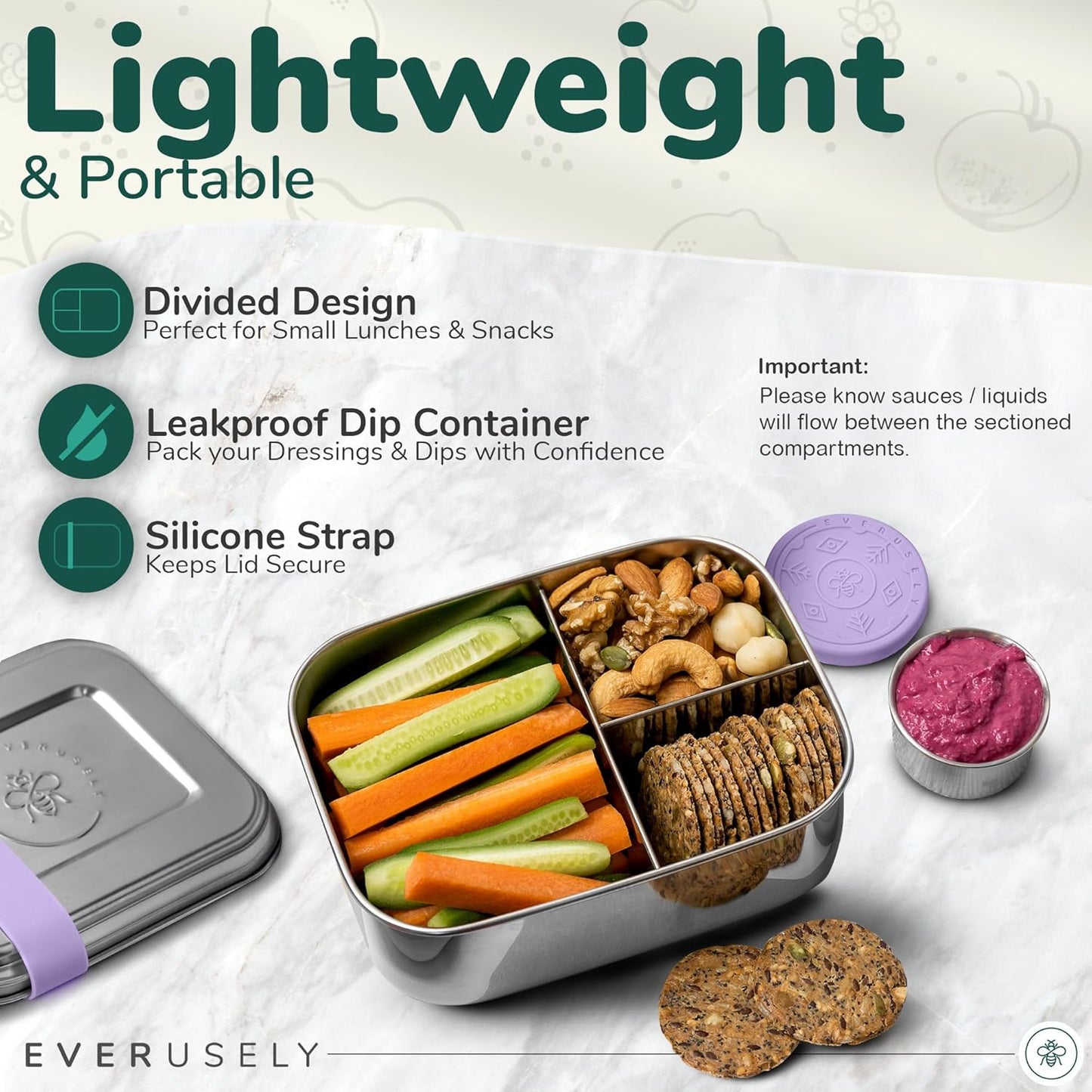 Everusely - Bento Box - Lavender, 27oz / 0.8 L - Stainless Steel Lunch Box with Leakproof Condiment Container - 3 Compartment Snack Organizer for On the Go Meals - Freezer & Dishwasher Safe