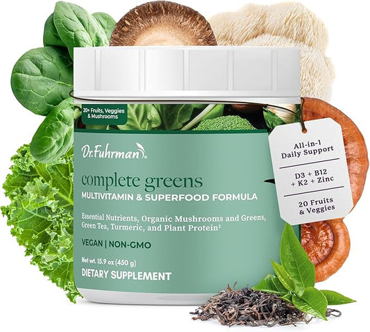 Dr. Fuhrman Whole Food Greens Powder | Premium Greens Superfood Powder Multivitamin | Plant Based Protein for Immune Support & Gut Health | Organic Mushrooms, Greens, & Turmeric | Vitamin B12, D3, K2