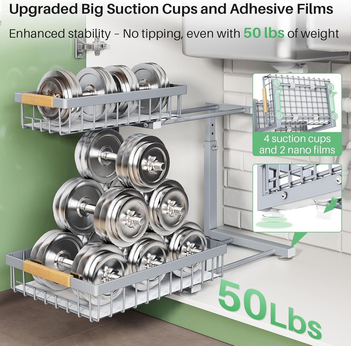 Under Sink Organizer, 2 Packs 2 Tier Under Sink Organizers and Storage, Slide out Pull out Cabinet Organizer Shelf, Metal Sliding Drawer for Kitchen Bathroom Pantry Closet Rack(Grey)