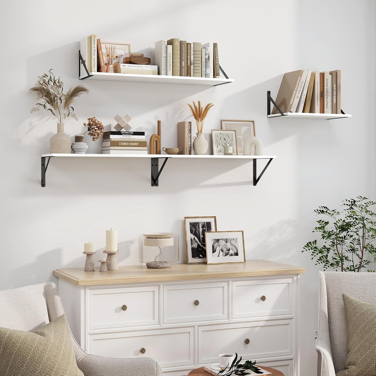 Heimlove White Deep Floating Shelves for Wall, 30W x 8D Wood Wall Shelves Set of 2, Wide Floating Bookshelf for Living Room, Kitchen, Office, Bedroom and Decor Storage, with Black Bracket - White