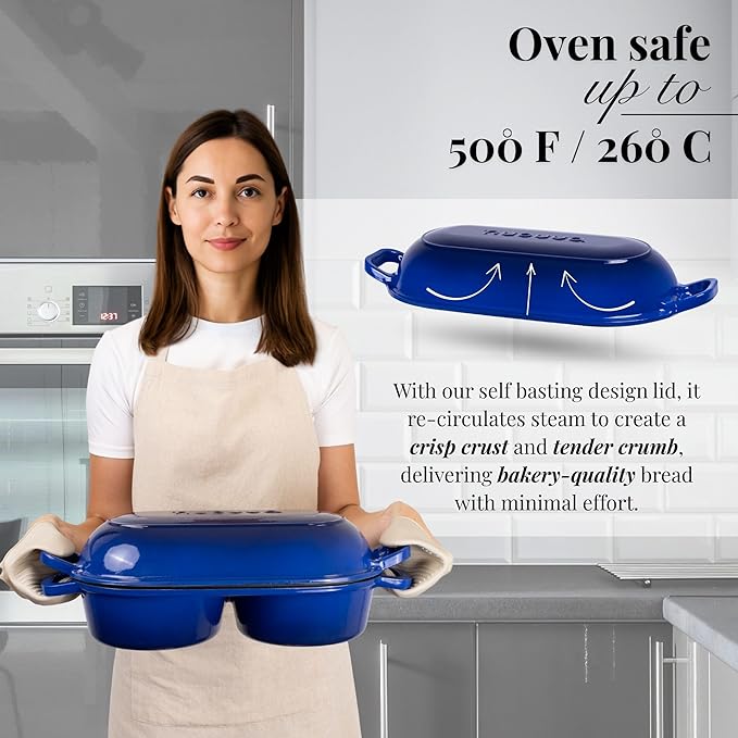 nuovva Dutch Oven For Sourdough Bread Baking – Enamelled Cast Iron Bread Loaf Pot – 500°F Oven Safe Non Stick Bread Pot – Double Round Loaf Space, 16.5cm Diameter, Dark Blue