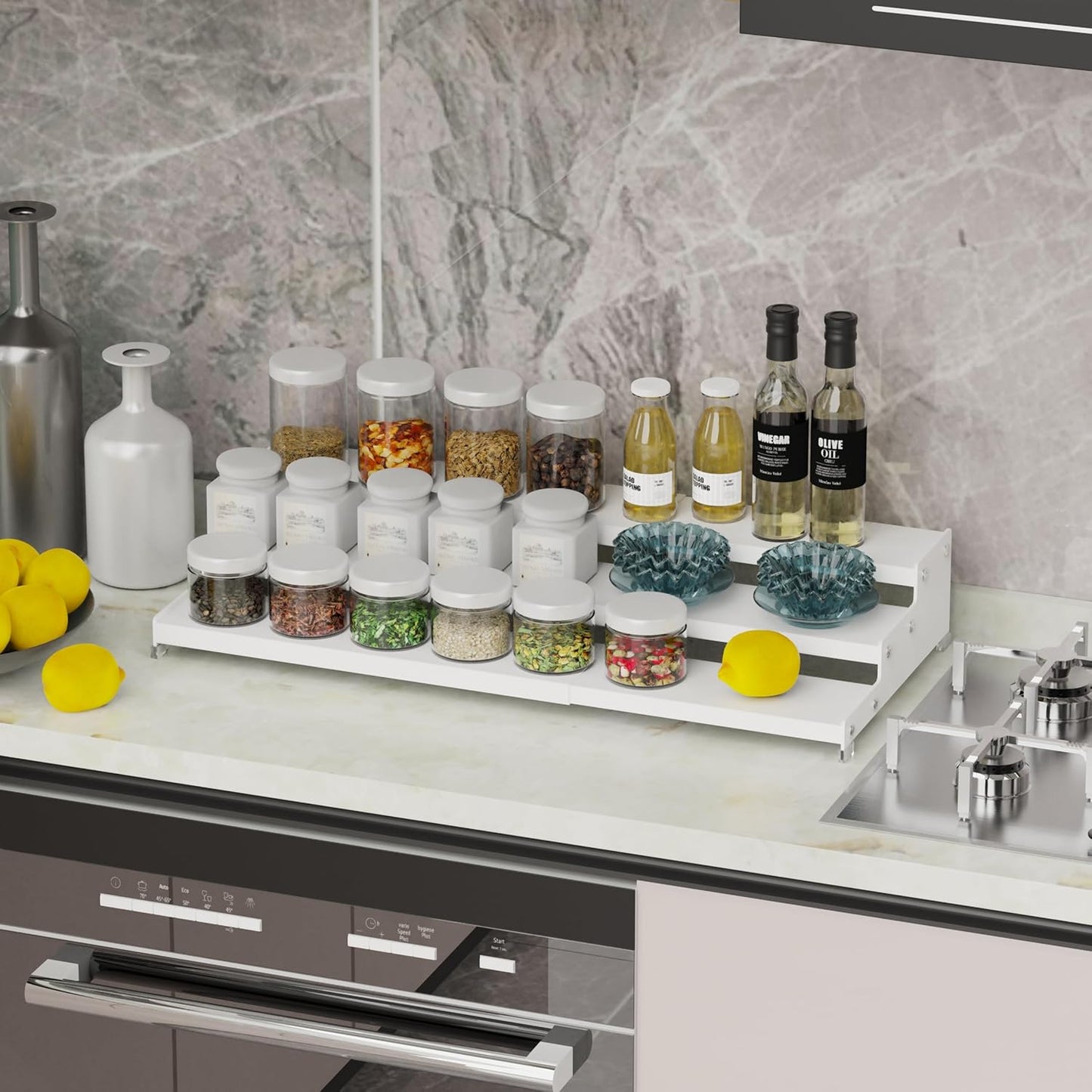 Expandable Spice Rack Storage organizer with 3-Tier step shelf cabinet,seasoning racks organizion.Great for Kitchen countertop shelves,Pantry and more(2Packs/White)