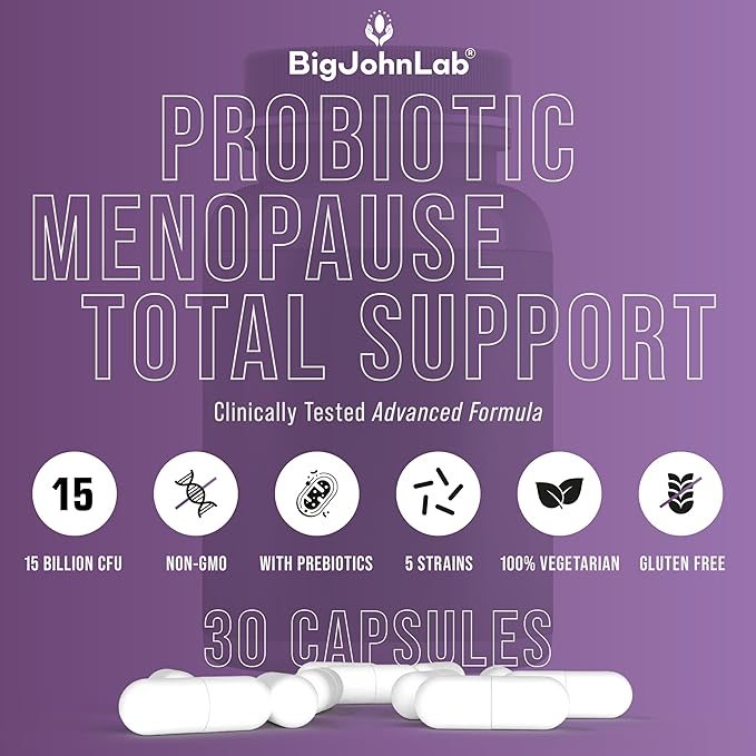 BIGJOHNLAB® - Menopause Total Support – Advanced Probiotic Formula with 5 Strains & 15 Billion CFU, Resveratrol, Black Cohosh, Acacia Fiber, Non-GMO & 100% Vegetarian
