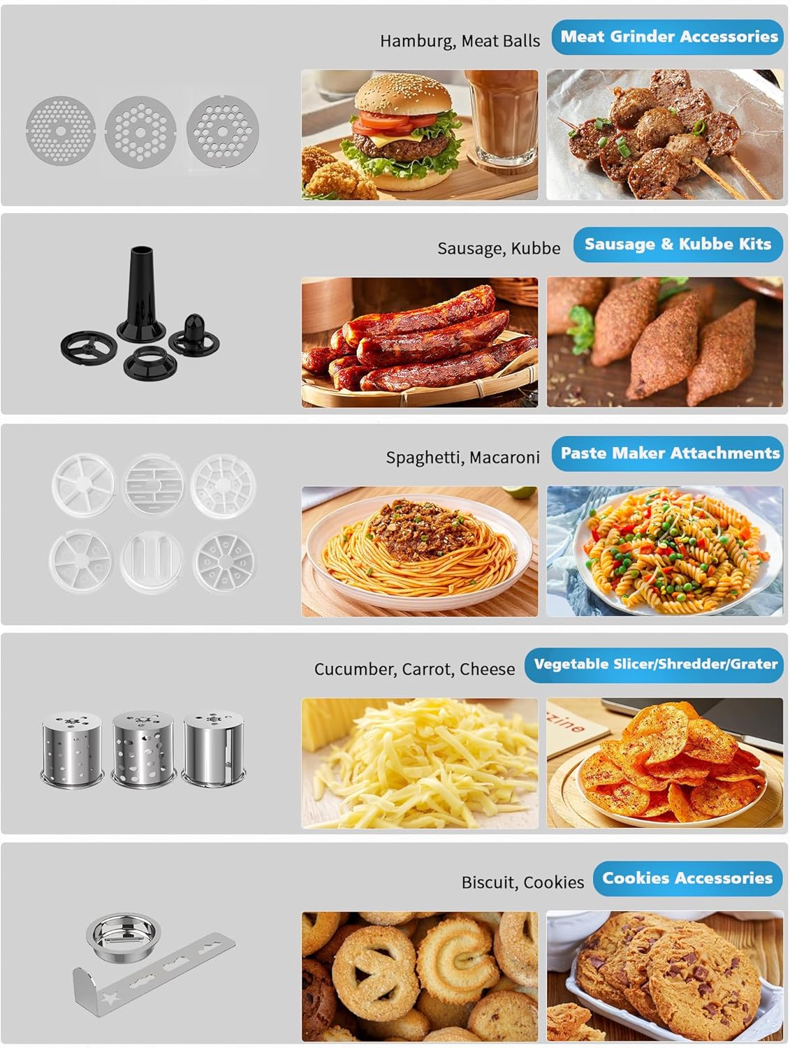 Vospeed 9 IN 1 Stand Mixer, 850W Tilt-Head Multifunctional Electric Mixer with 8 QT Stainless Steel Bowl, 1.5L Glass Jar, Meat Grinder, Hook, Whisk, Beater Dishwasher Safe (Blue)