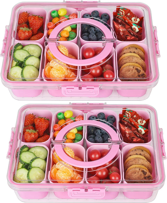 shopwithgreen Snackle Box Charcuterie Container, Divided Serving Tray with Lid and Handle for Party, Veggies, Fruits, Nuts, Food Tray Platter Snack Box Container for Entertaining, Picnic, Pink, 2pcs