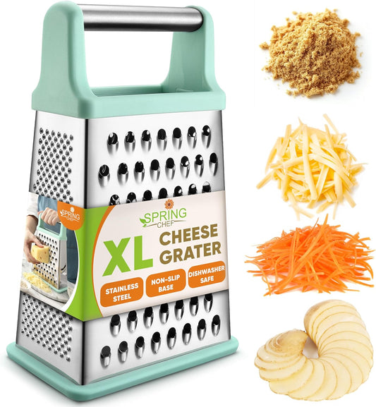 Spring Chef Professional Cheese Grater - Stainless Steel Box Grater for Kitchen, XL Size - Perfect 4 Sided Shredder for Parmesan Cheese, Vegetables, Ginger - Dishwasher Safe - Mint
