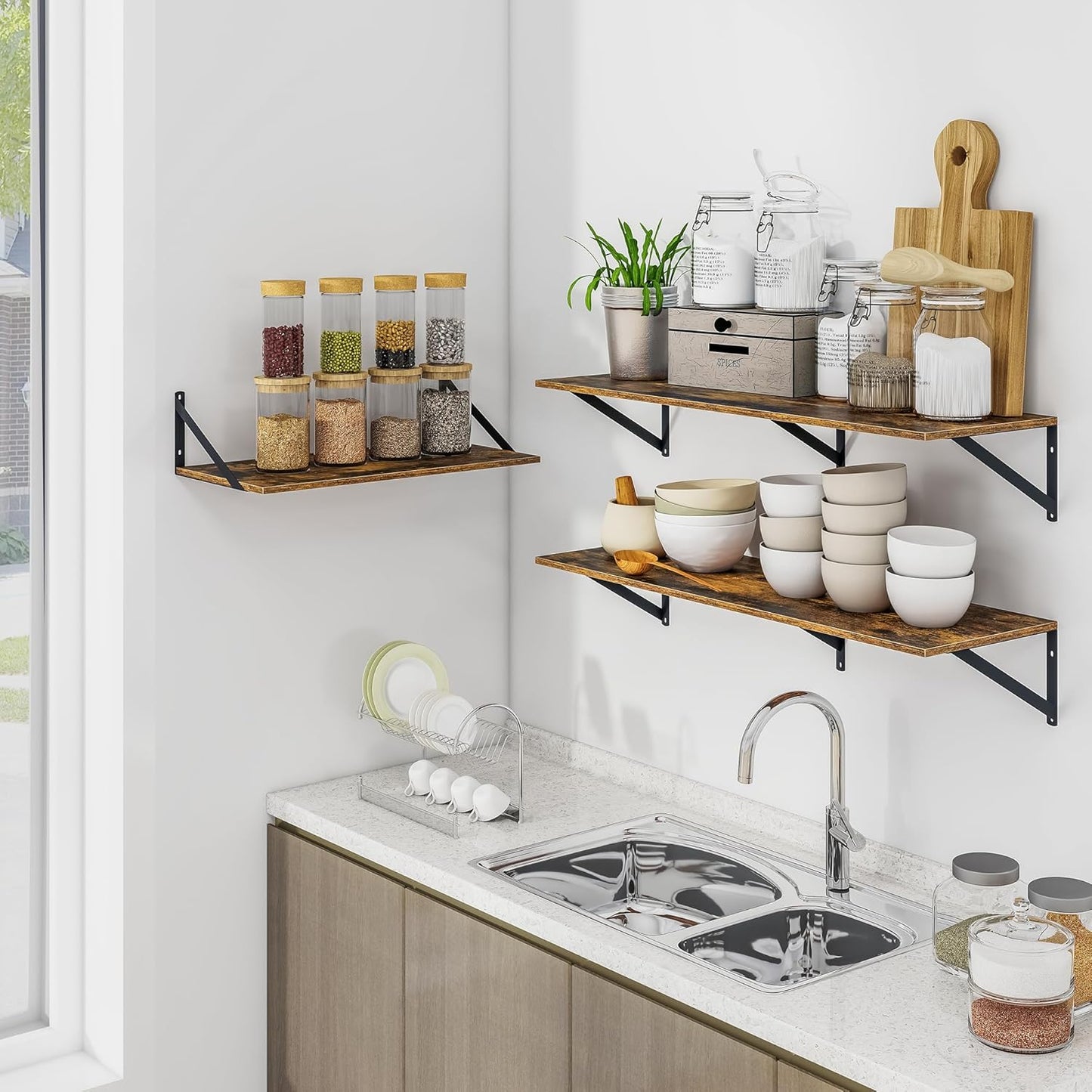 Heimlove Deep Floating Shelves for Wall, 24W x 12D Wood Wall Shelves Set of 2, Wide Floating Bookshelf for Living Room, Kitchen, Office, Bedroom and Decor Storage, with Metal Bracket - Rustic Brown