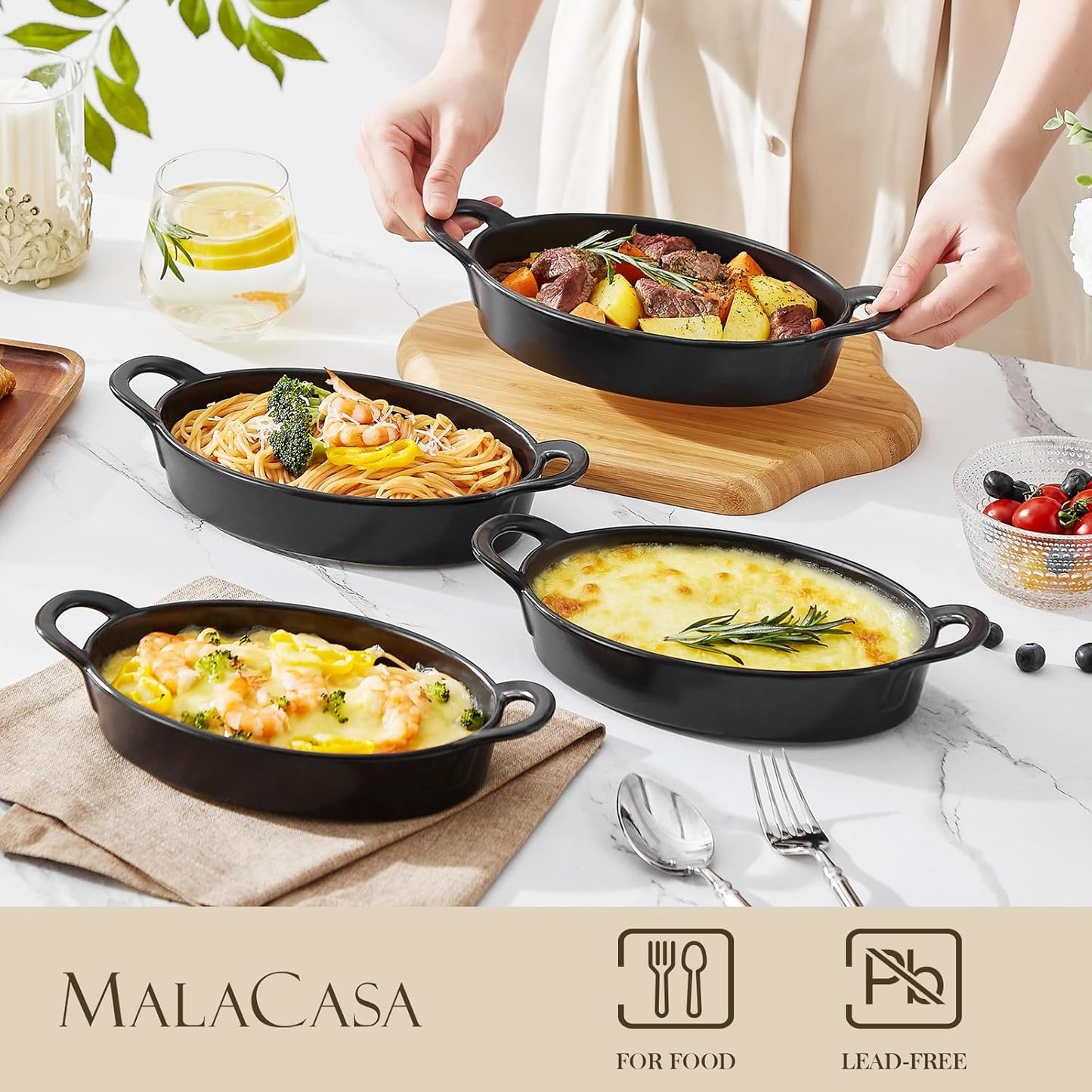 MALACASA Small Casserole Baking Dishes for Oven, Ceramic Oval Baking Dish Sets of 4, 8" x 5" Inch Au Gratin Baking Pans with Handles for Roasting, Lasagna, Pie, Baking Meat & Vegetables, Matte Black