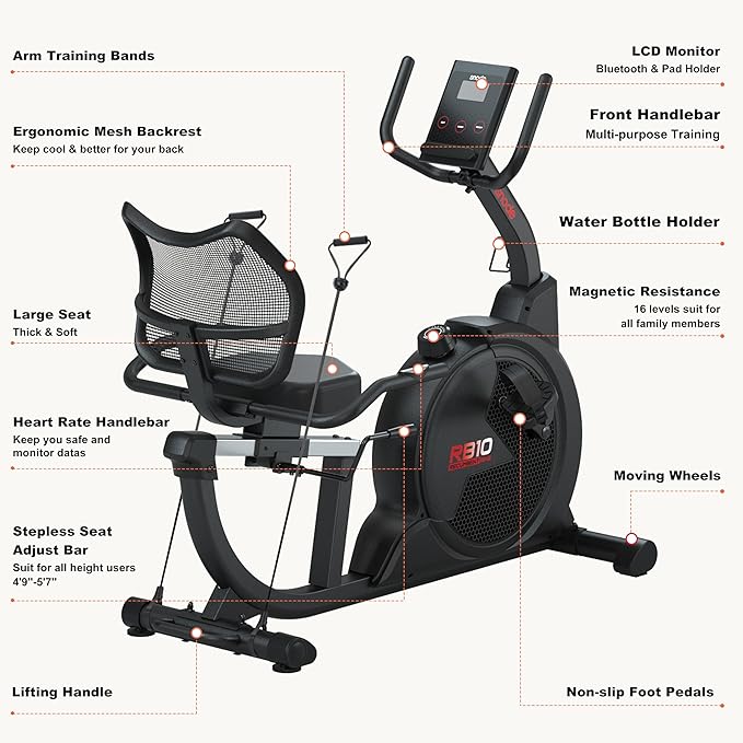 SNODE Magnetic Recumbent Exercise Bike for Home, Recumbent Bike for Rehab and Seniors, Recumbent Stationary Bike with LCD Monitor and Large Seat Cushion & Mesh Backrest, 330LB Weight Capacity