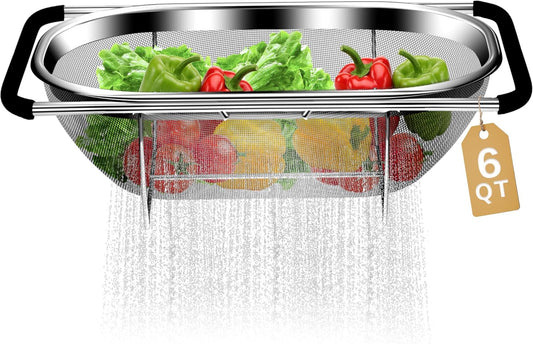 Over the Sink Colander - Strainers and Colanders - Stainless Steel Strainer - Expandable Sink Colander with Rubber Grip for Strain, Drain, Rinse Fruits, Vegetables, Home Kitchen Essentials