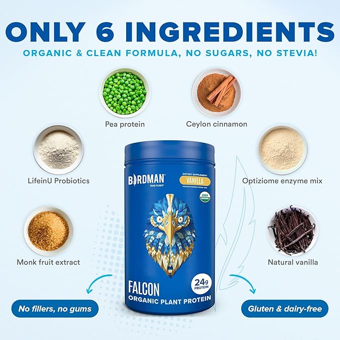 Falcon Organic Vegan Protein Powder Vanilla, 24g Protein, Sugar Free, Probiotics, Low Carb, Keto Friendly, Dairy Free, Lactose Free, Non Whey, Plant Based Pea Protein Powder - 18 Servings