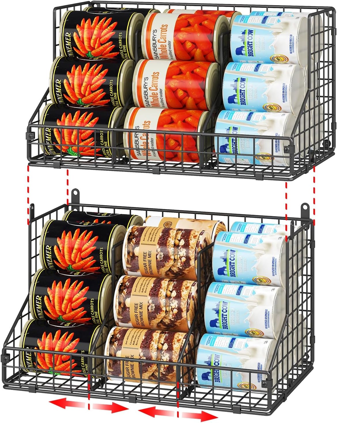 2 Pack Stackable Can Rack Organizer for Pantry Storage,Can Dispensers with 4 Adjustable Dividers, 2-Tier Metal Wire Basket Beverage Pop Soda Rack for Kitchen Cabinet Pantry, Black