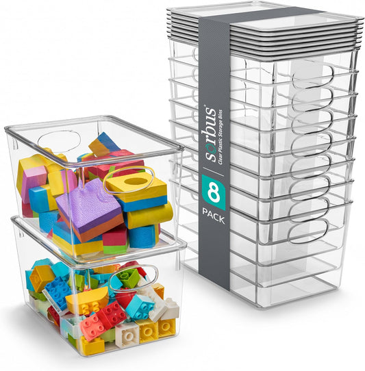 Sorbus Large Clear Plastic Bins with Lids – Stackable Organizer for Toys, Clothes, Medicine, Makeup, Closet, Art Supplies, Bathroom, Shoes – 8 Pack