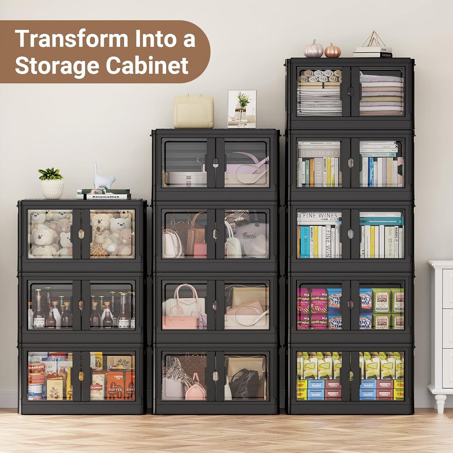 575Qt Stackable Storage Bins with Individual Lids & Wheels, Large Plastic Collapsible Latching Boxes Closet Organizers and Storage Cabinet Shelves Units for Home Kitchen Dorm, 5-Pack Black