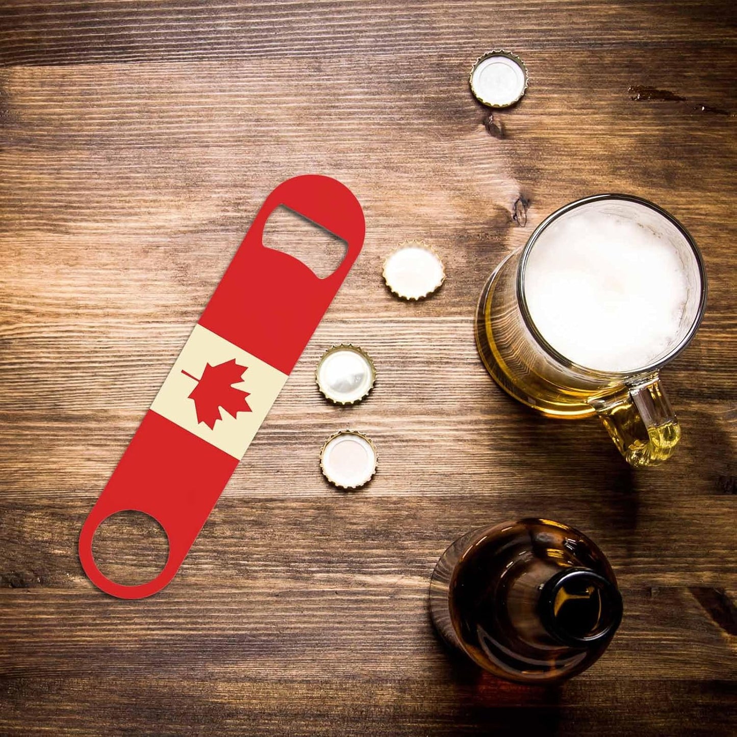 Canada Flag Stainless Steel Bottle Opener Maple Leaf Country Flag Rectangle Rough Stripes Red and Yellow Flat Beer Bottle Opener Keychain for Home Kitchen Bar Restaurant Party Birthday Gift